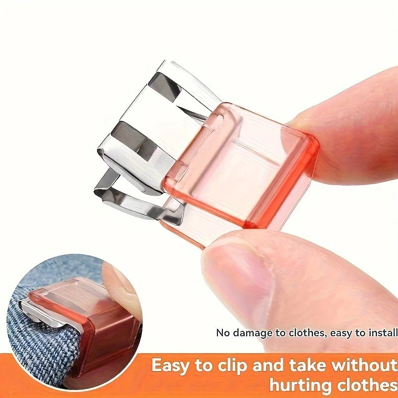 A hand is shown clipping an invisible hem shortening clip onto a piece of fabric.