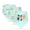 A set of three light blue baby bibs with cartoon panda prints