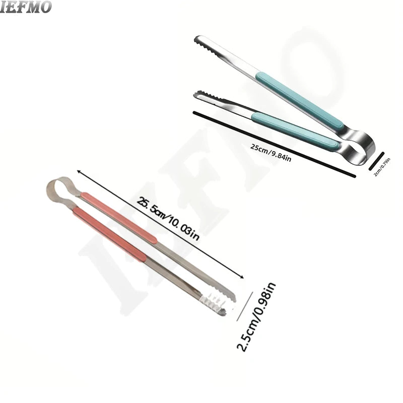 A set of premium stainless steel BBQ tongs in various sizes and colors for grilling and serving.