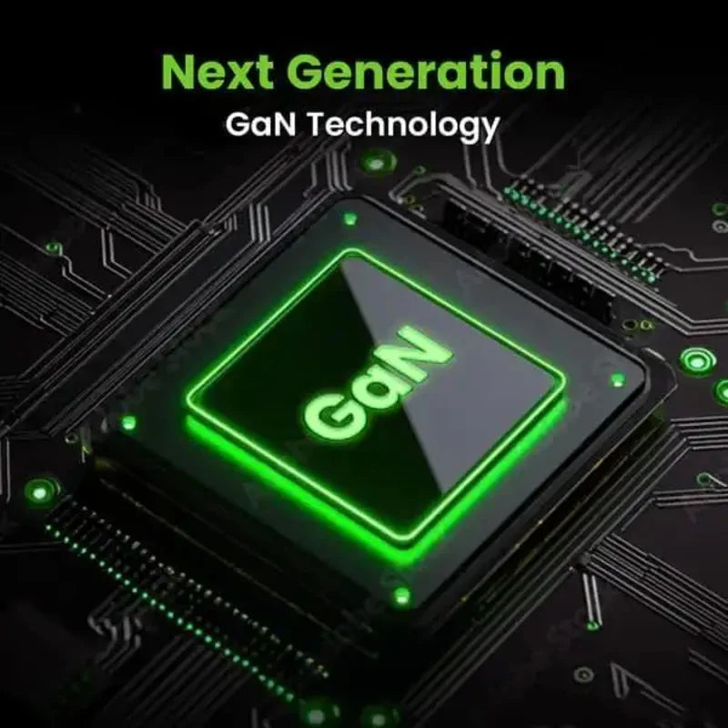 A close-up view of a circuit board with a glowing green GaN technology chip labeled Next Generation GaN Technology.