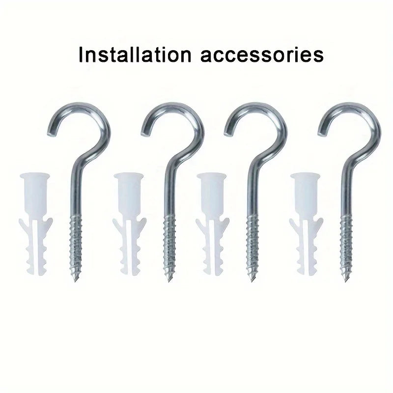 A set of installation accessories for a floor-to-ceiling mosquito net with double opening, including hooks and mounting parts