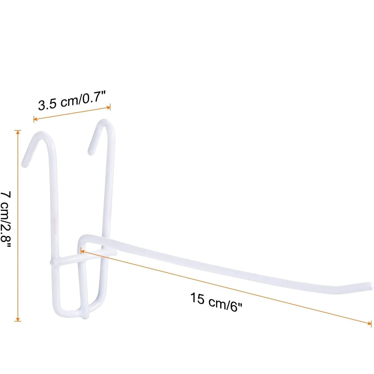 White heavy duty grid hooks for display and organization shown with dimensions.
