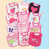 A set of colorful waterproof baby bibs and burp cloths featuring various cartoon prints for babies.