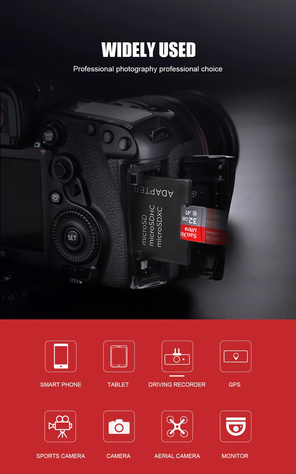 A close-up of a SanDisk Ultra microSD adapter and card inserted into a camera or device.