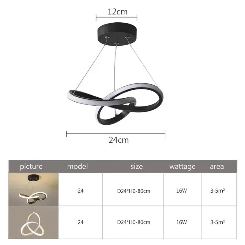 Modern LED pendant light with a curved black design suspended from the ceiling.