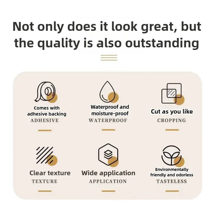 Features include adhesive backing, waterproof properties, custom cropping, clear texture, wide application, and environmental