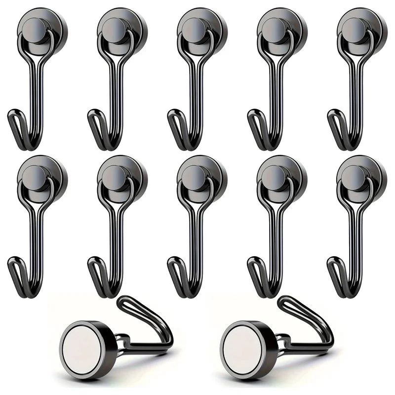 A set of heavy duty magnetic hooks in black finish for various metal surfaces.