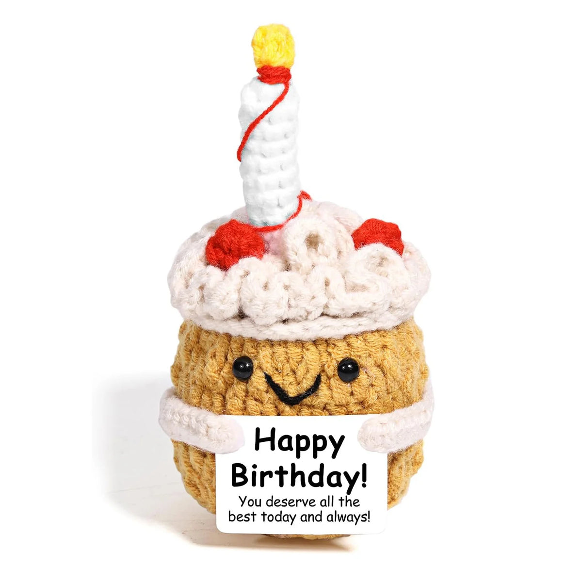 Handmade crochet hedgehog doll with a yellow yarn hair and an inspirational birthday card