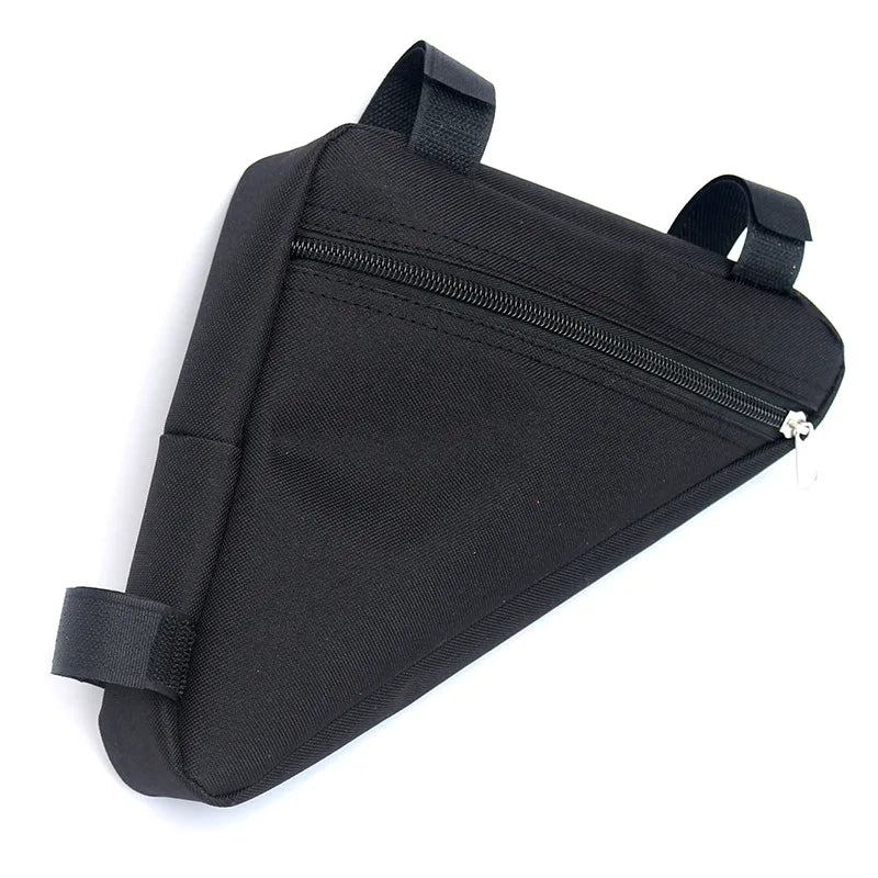 Black waterproof bike frame bag with velcro straps and a zipper for securing the frame.