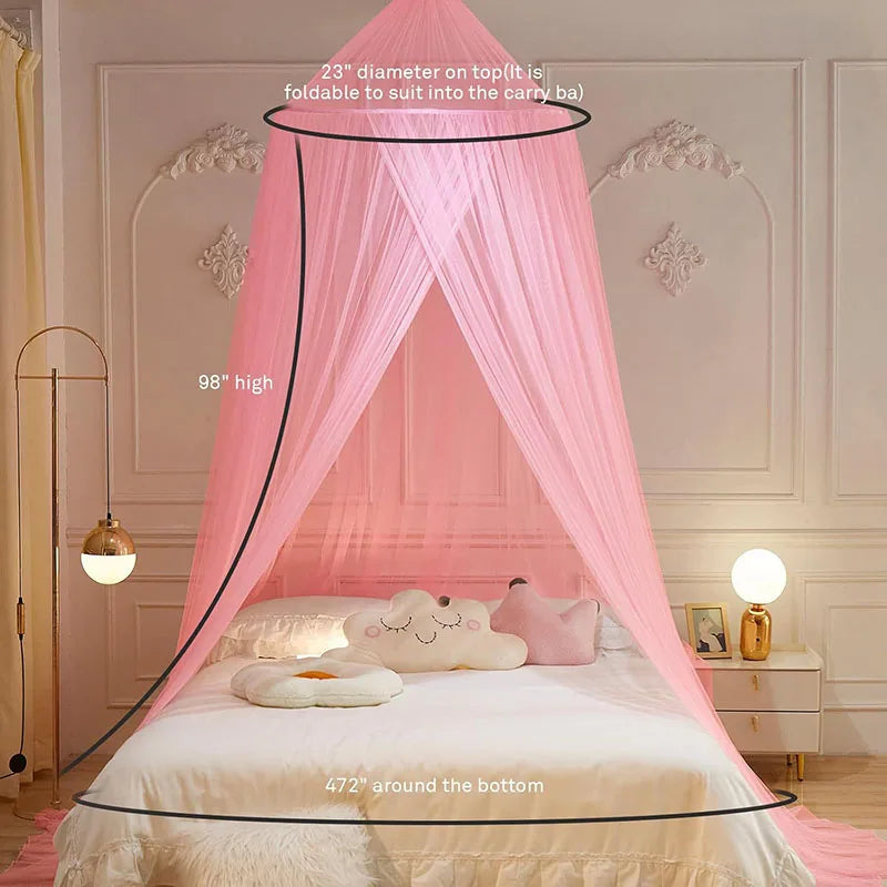 Pink ceiling-hung dome mosquito net draped over a bed, featuring a single door and decorative trim.