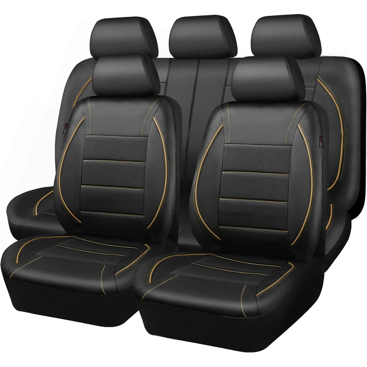 A full set of black leather car seat covers shown in a row.