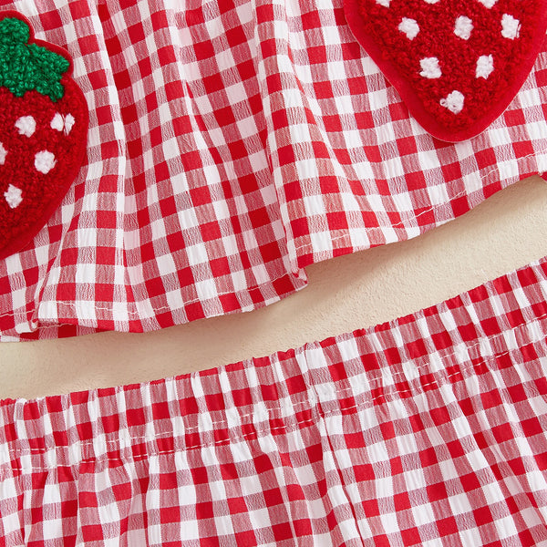 Strawberry Embroidered Plaid Tank Top and Shorts Set for Toddler Girls