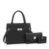 Black leather handbag with gold hardware and a matching coin purse.