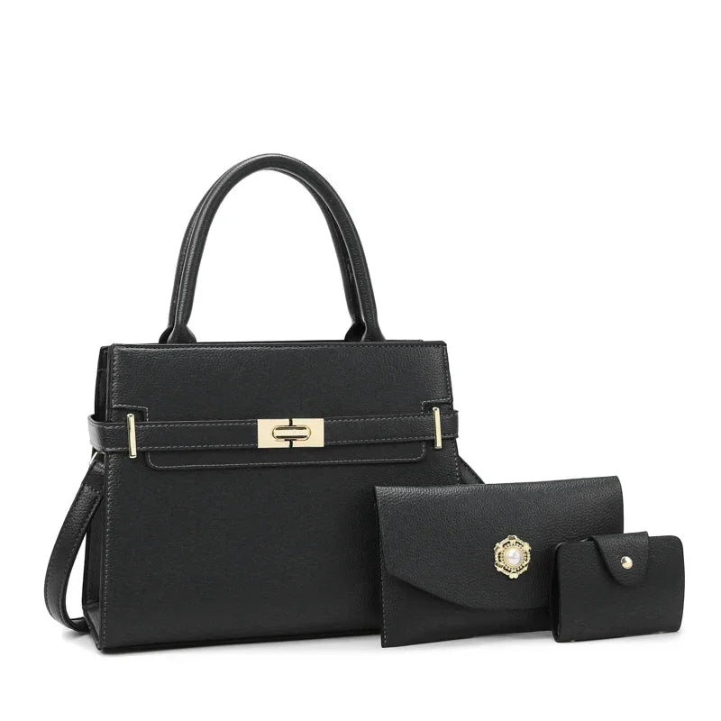 Black leather handbag with gold hardware and a matching coin purse.