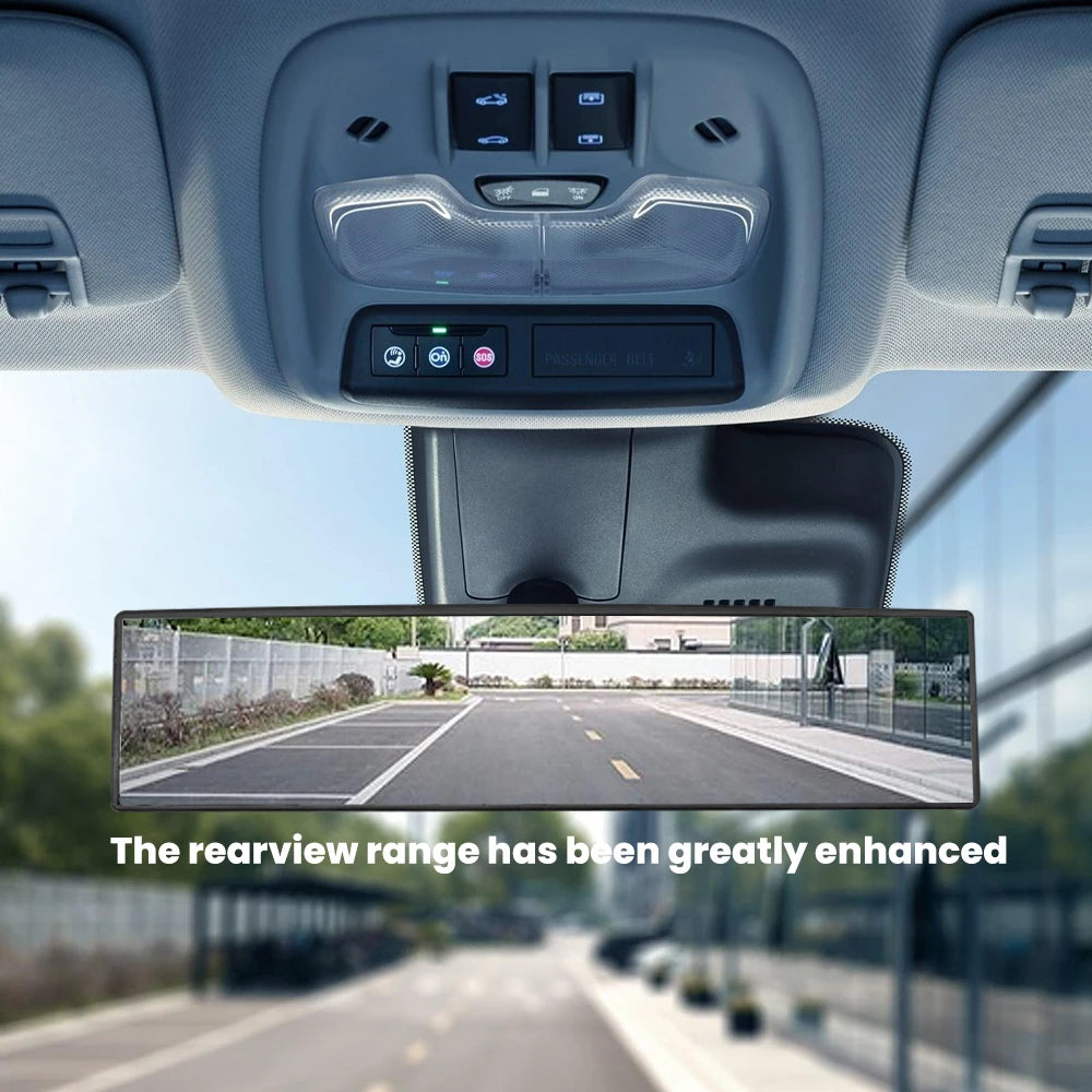 Interior view of a car showing an enhanced rear view through the rearview mirror.
