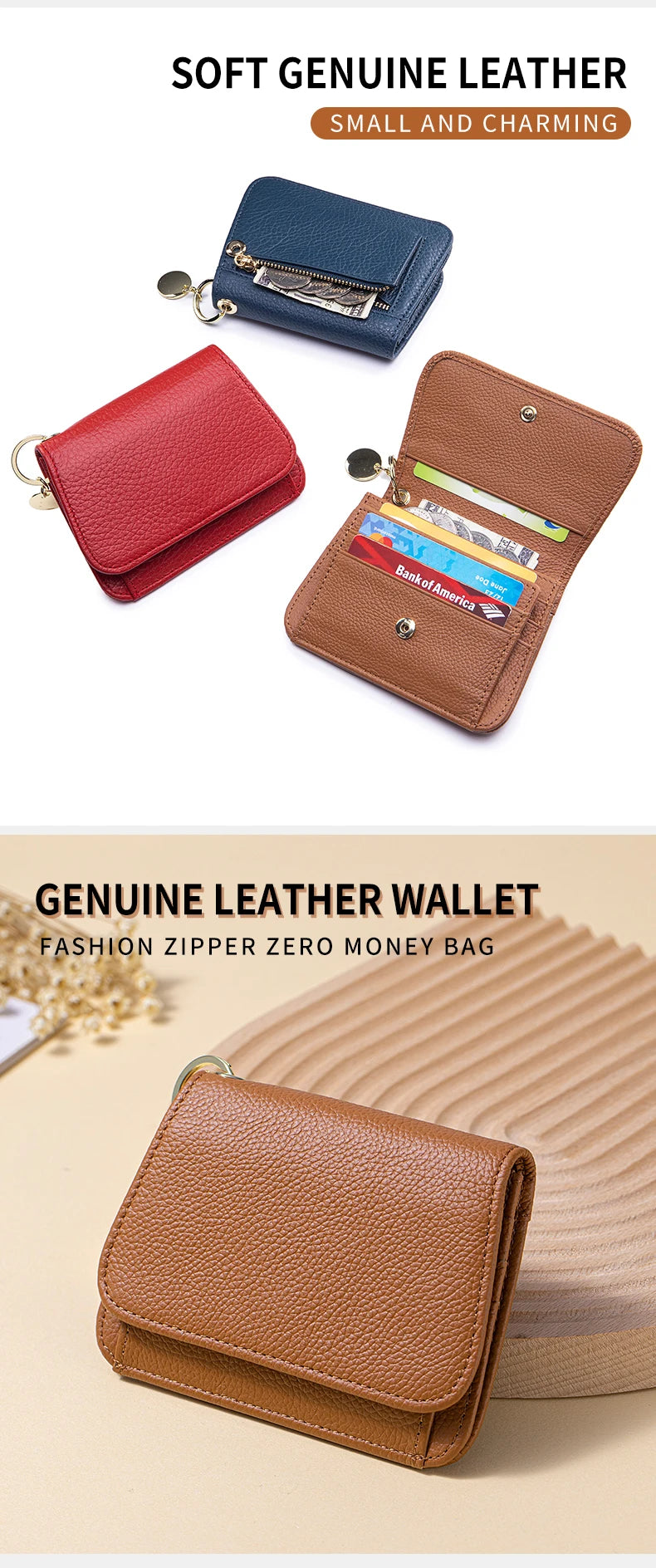 Women's RFID-Blocking Leather Wallet with Keychain and Coin Pocket