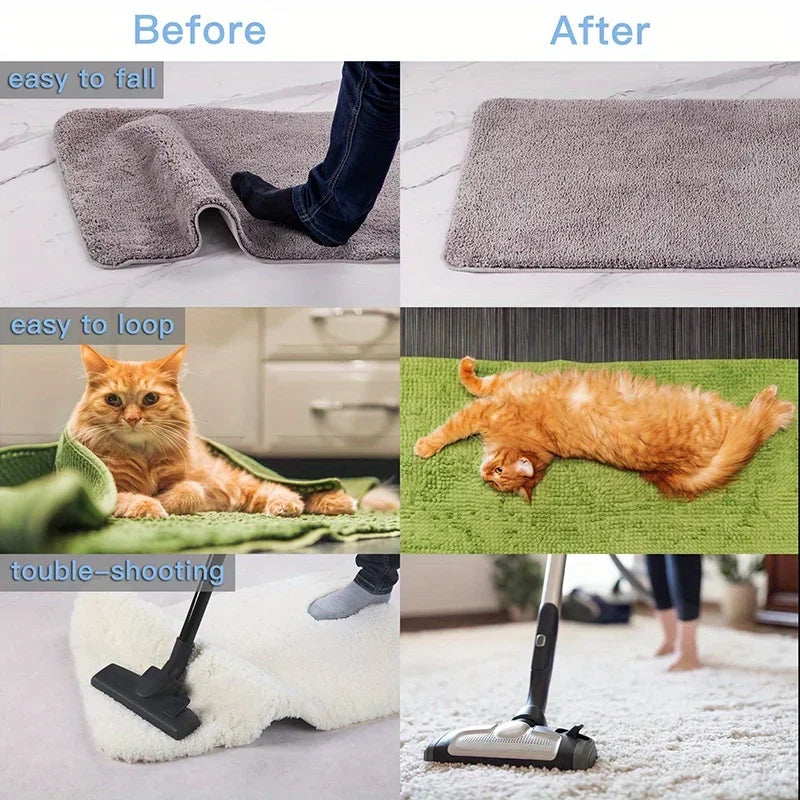 Before and after comparison showing reusable non-slip rug grippers for hardwood floors and tiles.