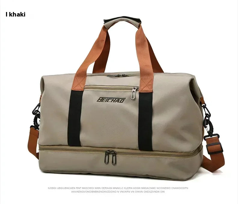 A beige duffle bag with brown straps and black accents shown against a white background.