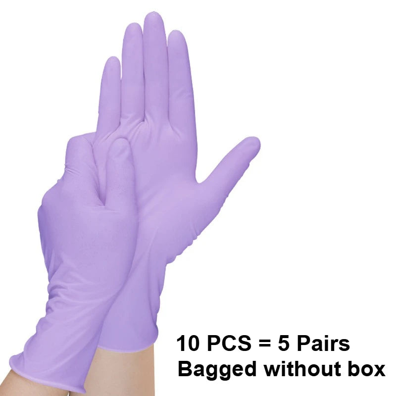 A pair of disposable purple nitrile gloves shown against a white background.