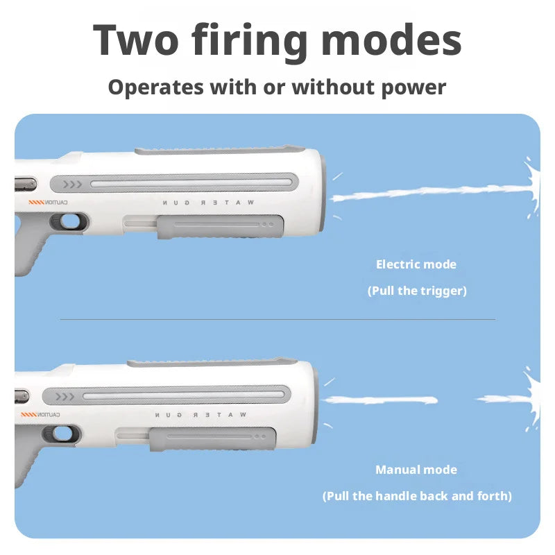 Two firing modes for an electric automatic water blaster, operating with or without power.