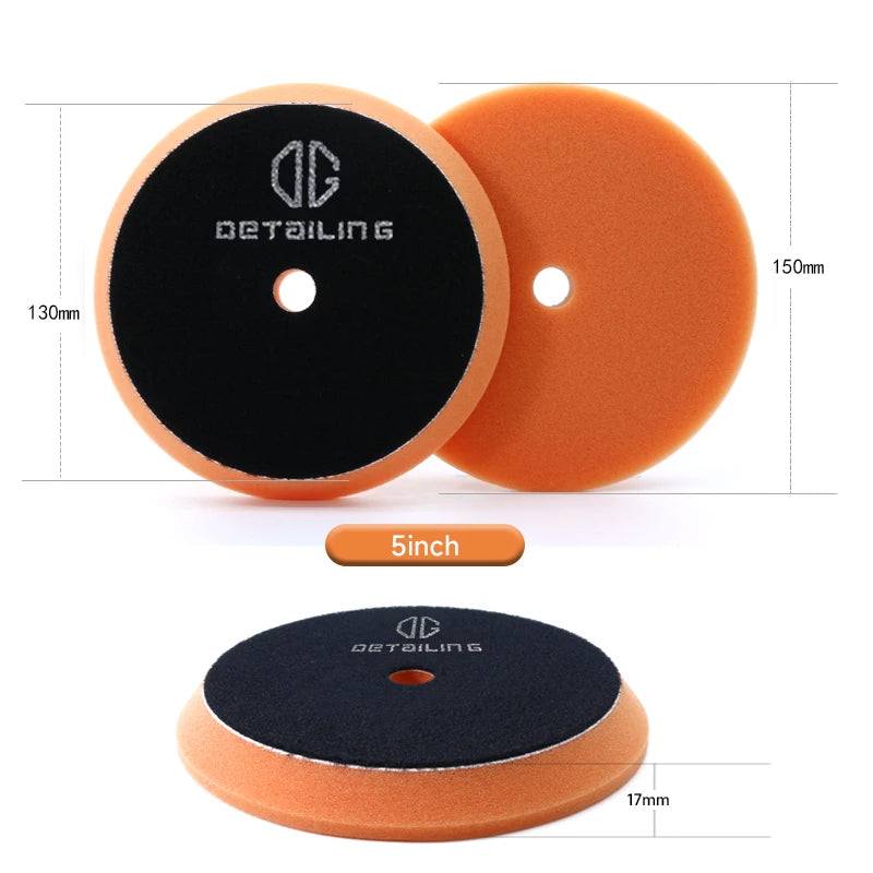 Two orange foam polishing pads for car detailing, one 5 inch and one 17mm.