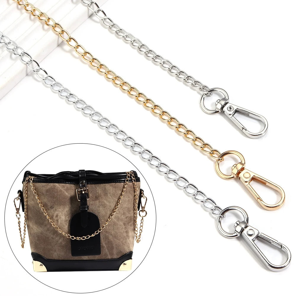 A close-up of a versatile metal chain bag strap for purses and handbags shown in gold and silver tones.