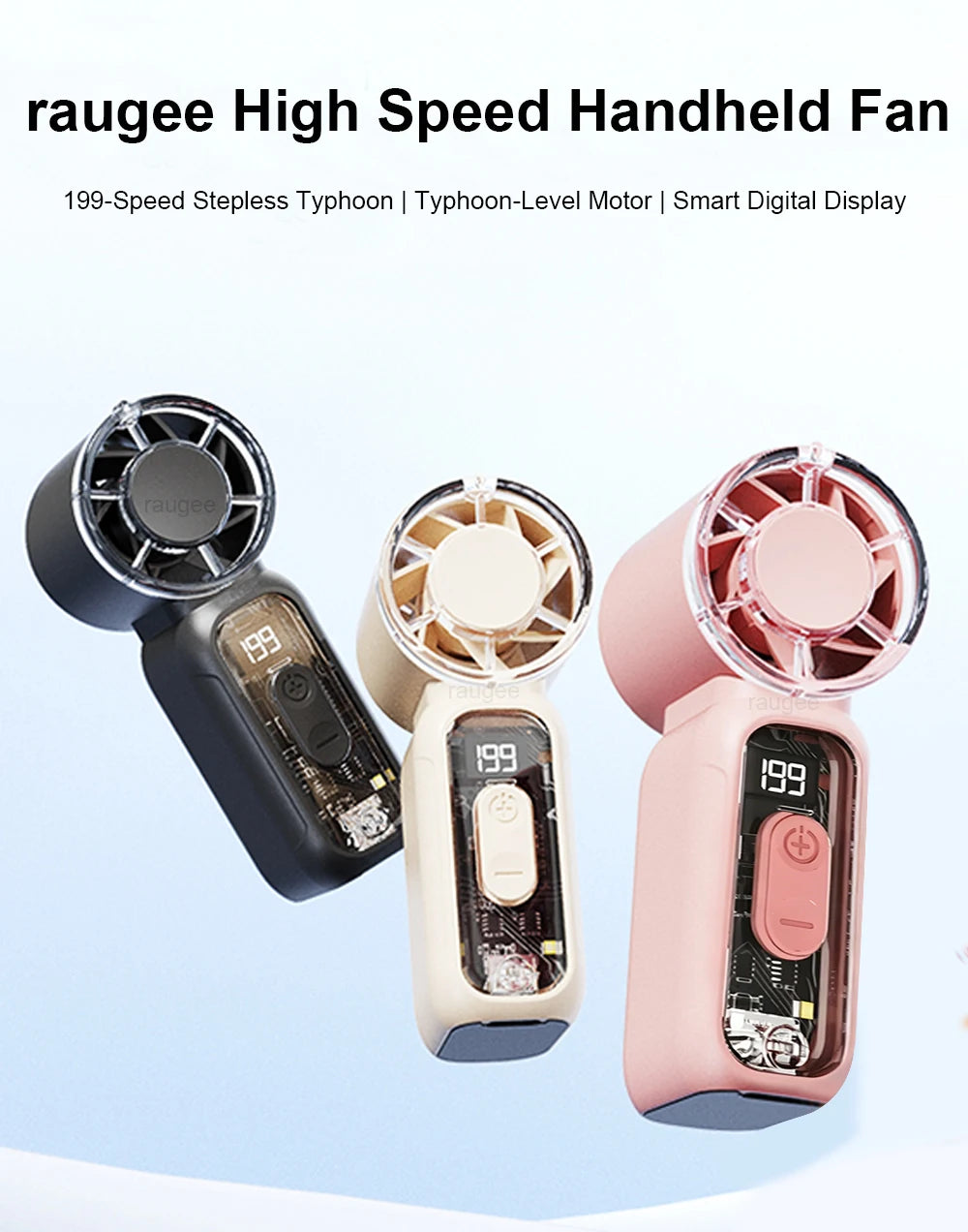 Three versions of a rauge high speed handheld fan in black, beige, and pink with digital displays