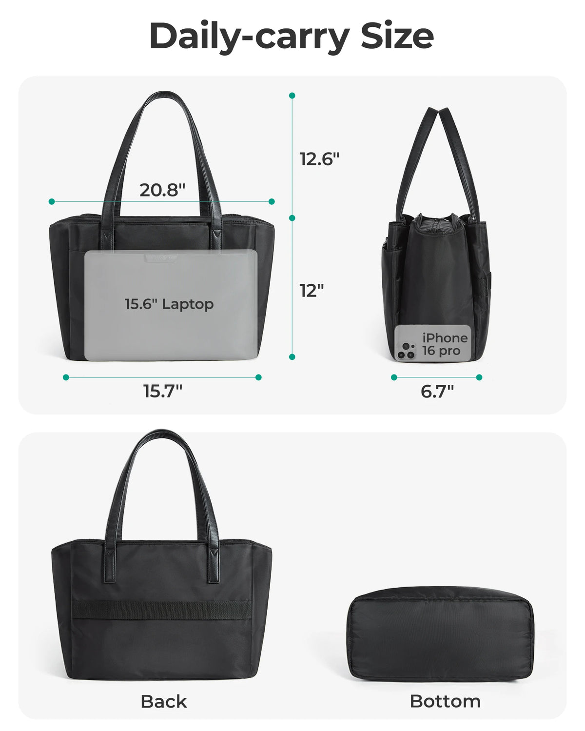 Daily-carry size comparison showing the laptop and iPhone fit within a black tote bag.
