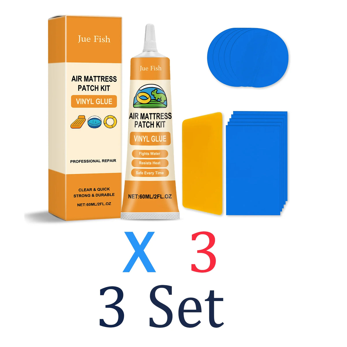 Three sets of Jue Fish air mattress patch kits containing vinyl glue and patches for professional repair.