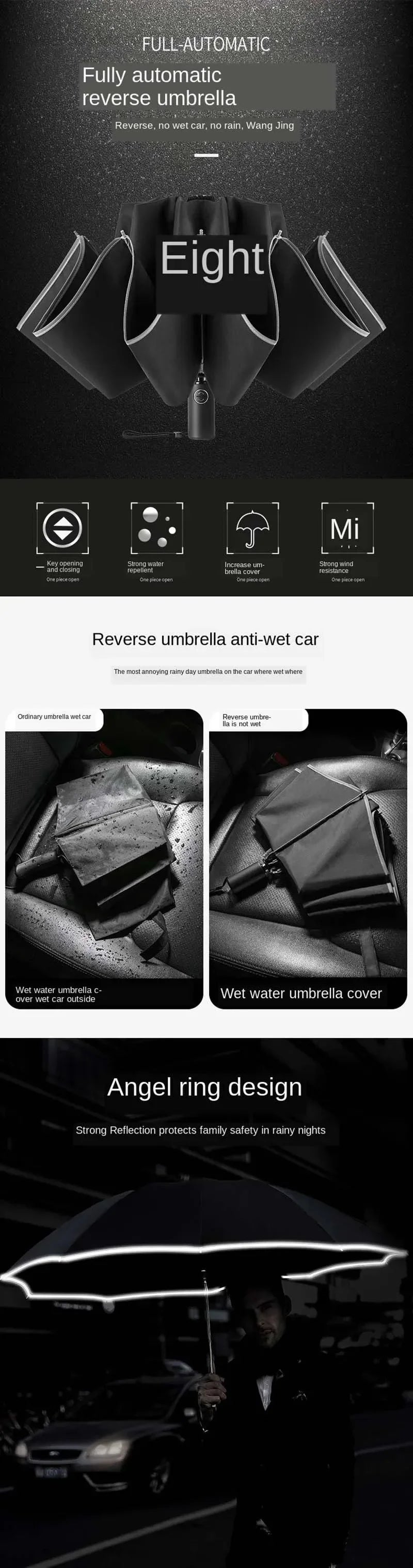 A black umbrella with an angel ring design is shown open, reflecting light on a dark background.