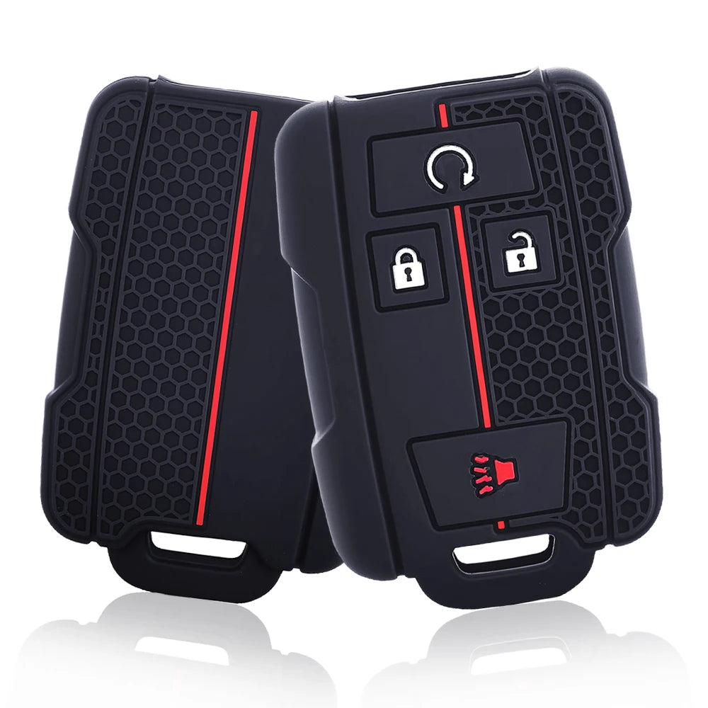 Black silicone key fob cover for Chevy Silverado and GMC Sierra with a four-button remote.