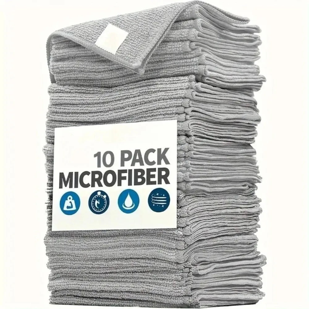 A stack of ten gray microfiber kitchen cleaning towels with a label indicating the pack size.