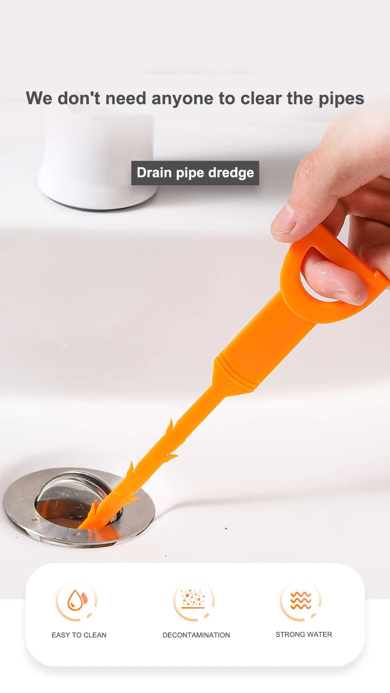 An orange drain pipe dredge tool is shown being used to clear a drain, highlighting its ease of cleaning and strong water fea