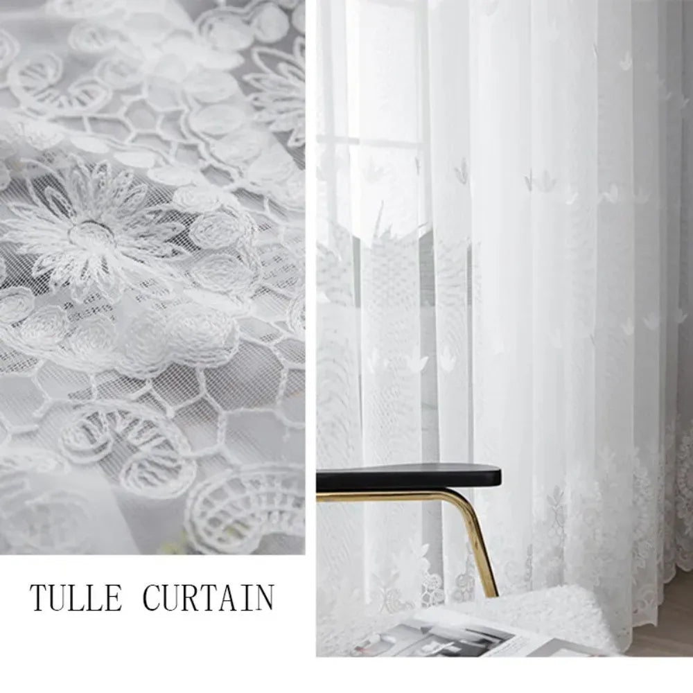 Close-up of an embroidered sheer voile curtain panel with floral patterns shown next to a modern gold-accented window treatme