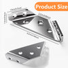 Silberne L-Bracket-Eckverbinder in verschiedenen Größen und Befestigungslöchern im Detail dargestellt.