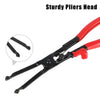 A pair of red and black pliers head used for steel hose clamp removal in automotive repair.