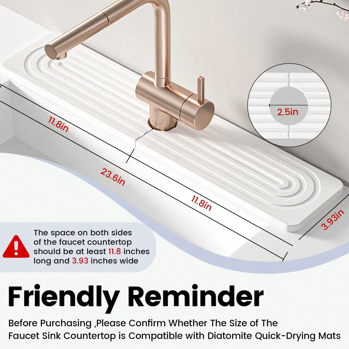 A brass faucet is shown mounted on a white countertop with dimensions and guidelines for compatibility with diatomite drying 