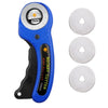 A blue rotary cutter sewing kit with a black handle and three interchangeable cutting blades is shown.