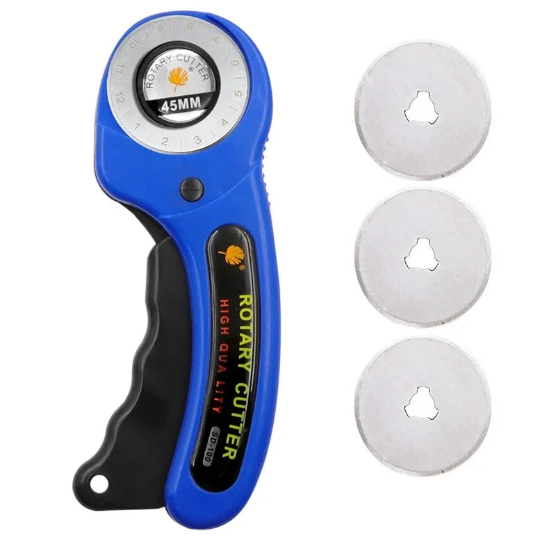 A blue rotary cutter sewing kit with a black handle and three interchangeable cutting blades is shown.