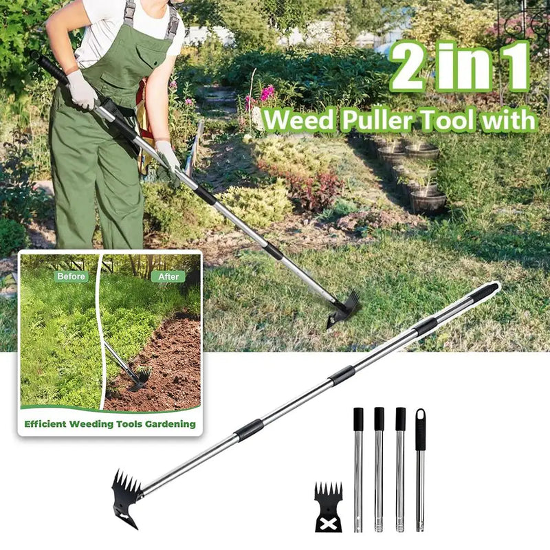 2-in-1 Long Handle Garden Hoe & Weed Rake