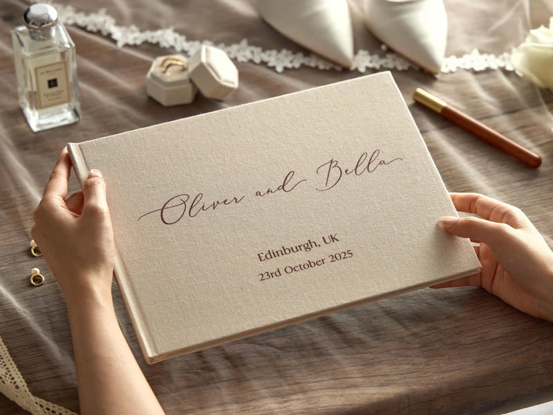 Libro de invitados de lino personalizado para bodas