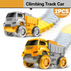 A yellow climbing track car toy with a gray truck and a matching track set, shown from the side.