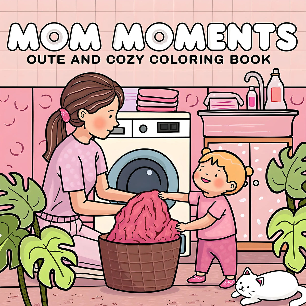 A coloring book cover featuring a mother and child interacting with laundry, set against a pink background.