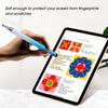 A hand holds a blue stylus pen near an iPad screen, demonstrating its use for protecting the screen from fingerprints and scr