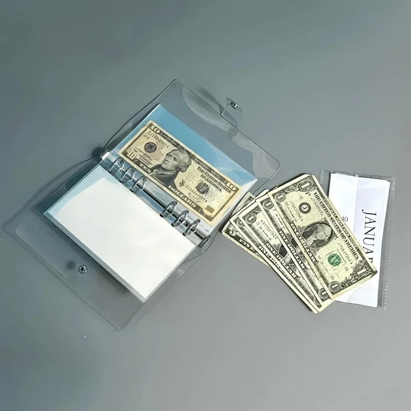 Ein durchsichtiger Kunststoffordner hält US-Dollar-Banknoten und ein Januar-Dokument.