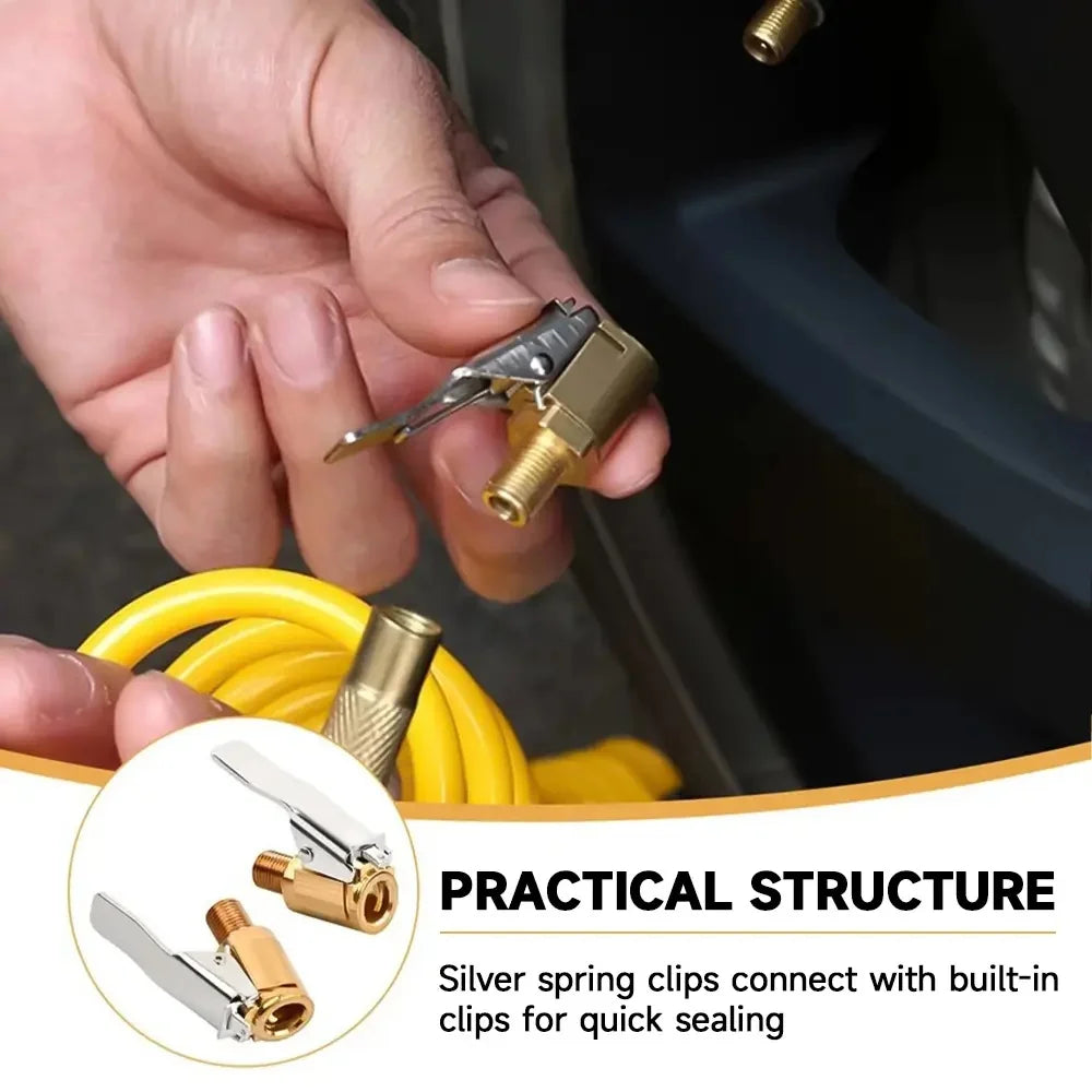 Silver spring clips connect with built-in clips for quick sealing on a solid brass lock-on air chuck set.