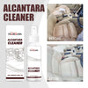 A bottle of Alcantara Cleaner for car interiors, showing before and after cleaning results on leather seats.