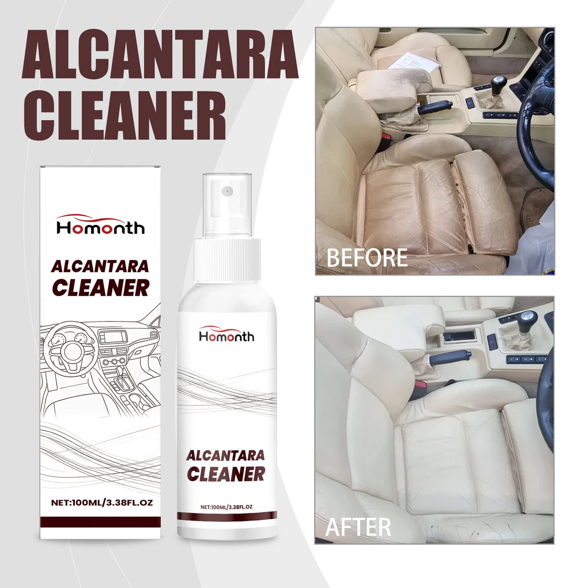 A bottle of Alcantara Cleaner for car interiors, showing before and after cleaning results on leather seats.