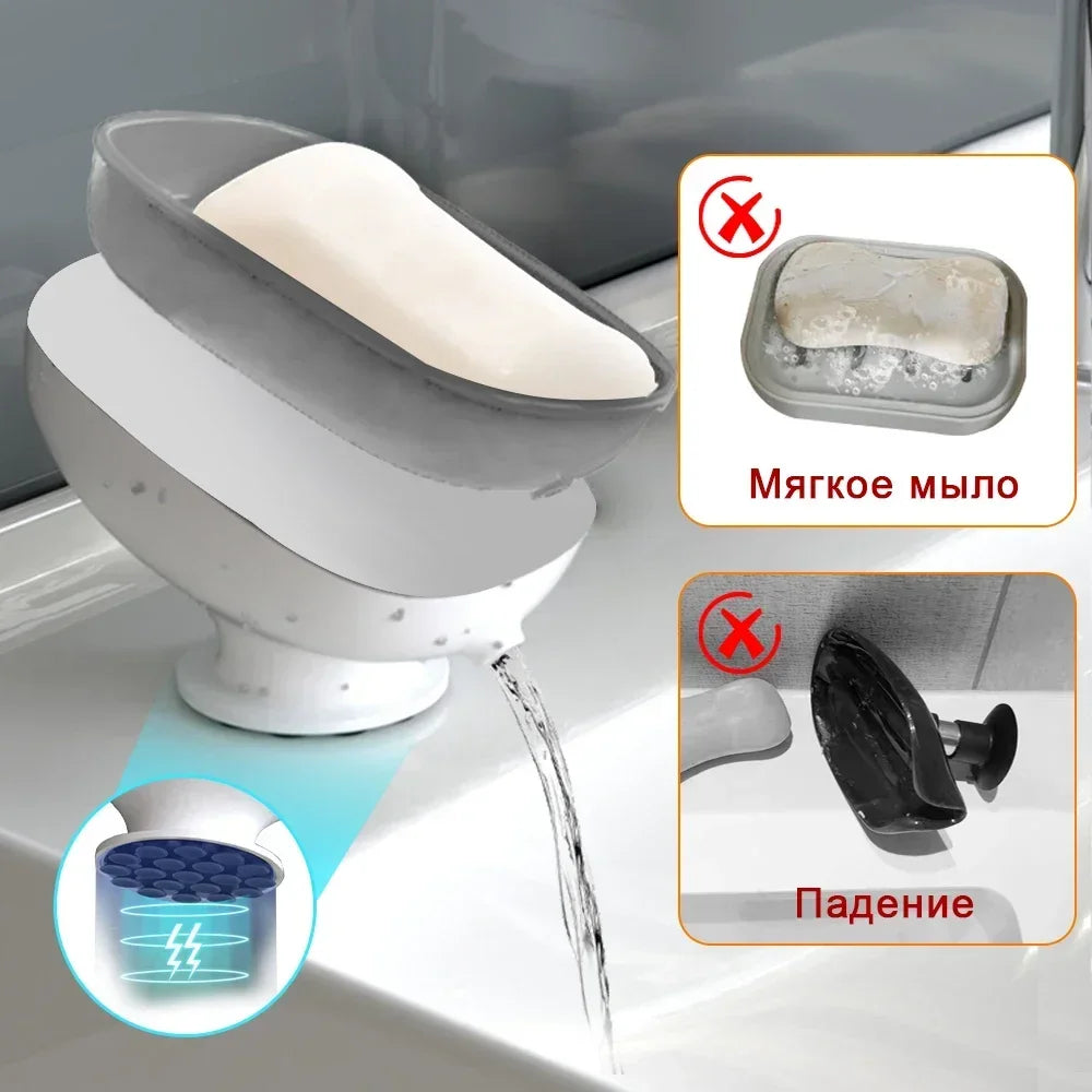 A suction cup soap dish is shown dispensing liquid soap into a sink, with labels indicating soft soap and falling.