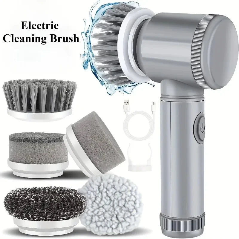 A cordless electric cleaning brush set featuring five different brush heads for scrubbing.
